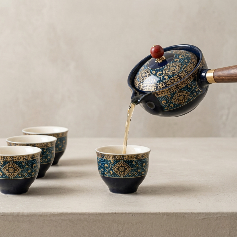 Tea Set 5 Piece Ceramic Bamboo Tray 170 ml Elegant Teapot