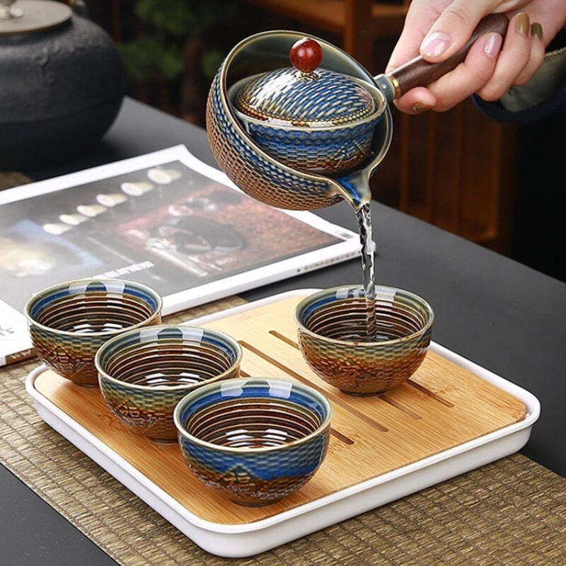 Tea Set 5 Piece Ceramic Bamboo Tray 170 ml Elegant Teapot - Image 3